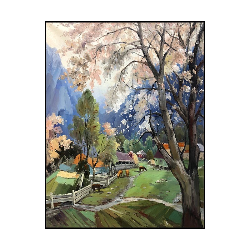 乡村田园手绘油画大树高山风景装饰画客厅挂画写意玄W关立体肌理图片