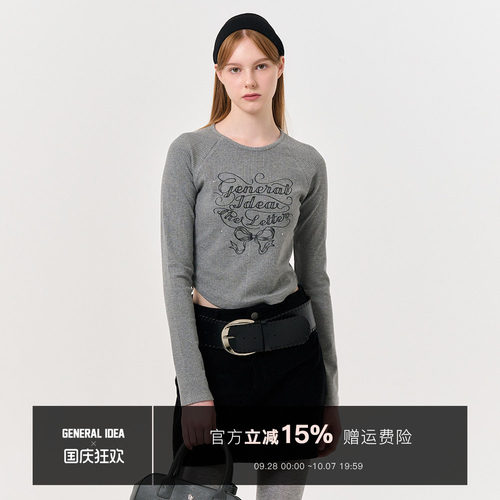 【折扣】General idea 韩国正品式蝴蝶结印花修身圆领长袖女春秋