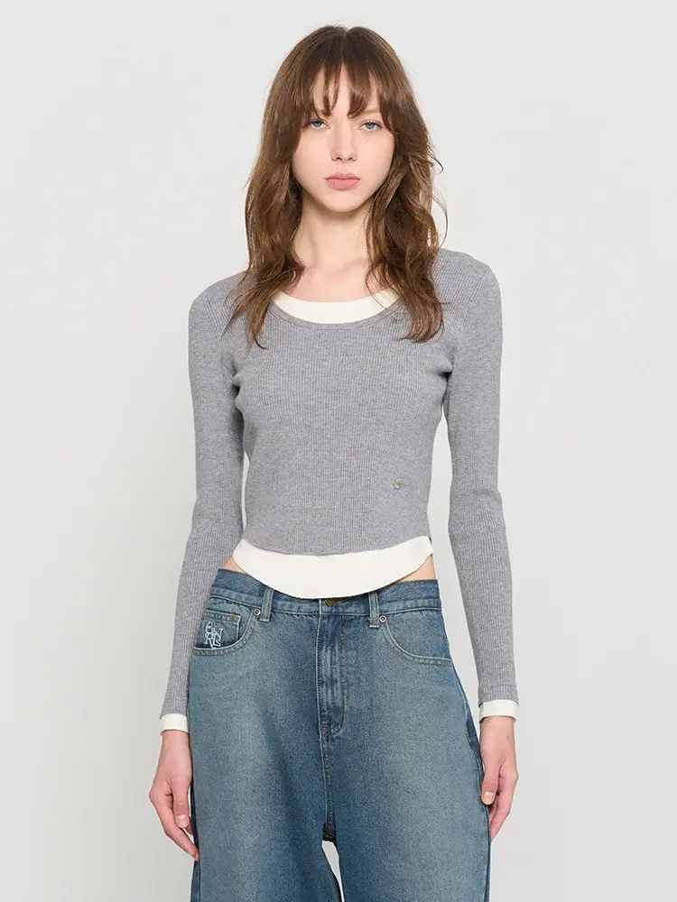 【现】宽U领拼接假两件圆领套头针织长袖5513