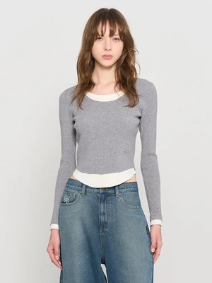 【现】GENERAL IDEA 宽松U领拼接假两件圆领套头针织长袖女士撞色