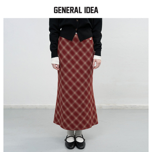 【现】GENERAL IDEA文艺复古菱形格纹半身裙休闲高腰长款女春季