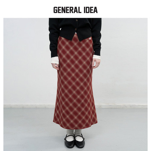 【现】GENERAL IDEA文艺复古菱形格纹半身裙休闲高腰长款女春季