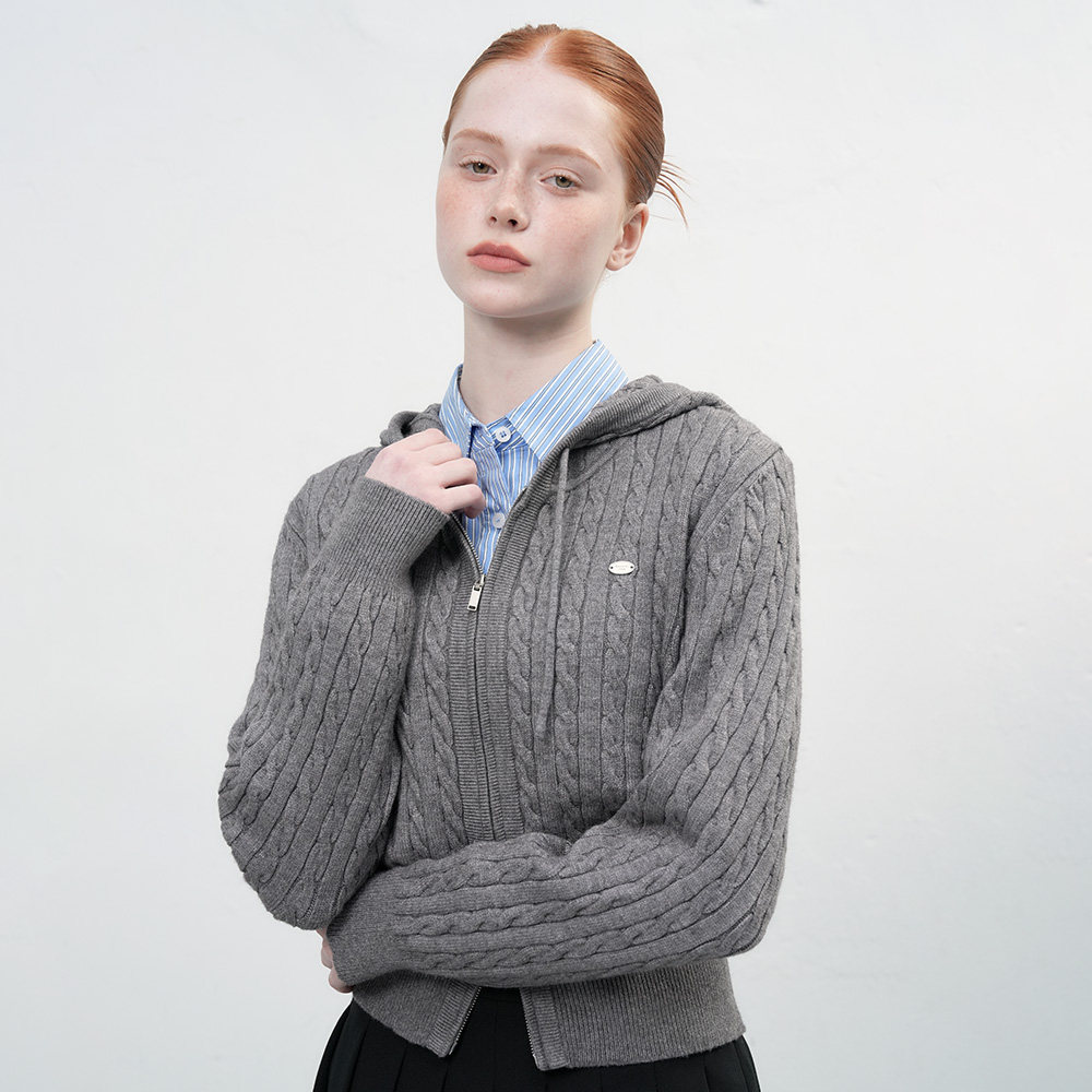 【现】General idea 经典连帽麻花纹针织开衫双向拉链短外套韩女