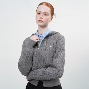 【现】General idea 经典连帽麻花纹针织开衫双向拉链短外套韩女