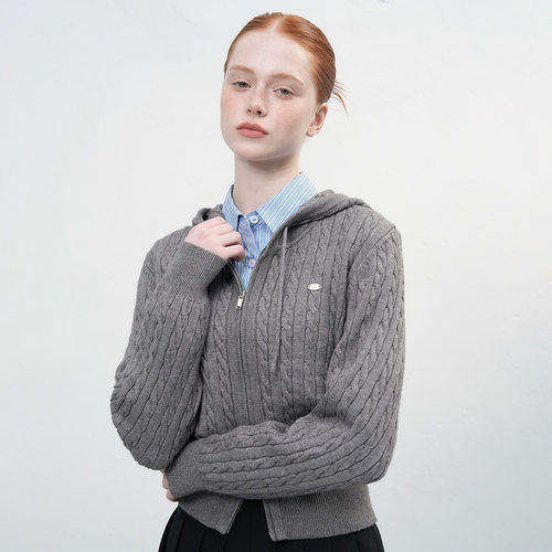 【现】General idea 经典连帽麻花纹针织开衫双向拉链短外套韩女