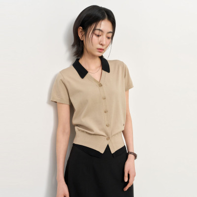 【现】General idea春季小香风气质poloV领针织短袖开衫女上衣