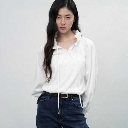 【现】General idea 荡领花瓣设计感系带长袖衬衫3504