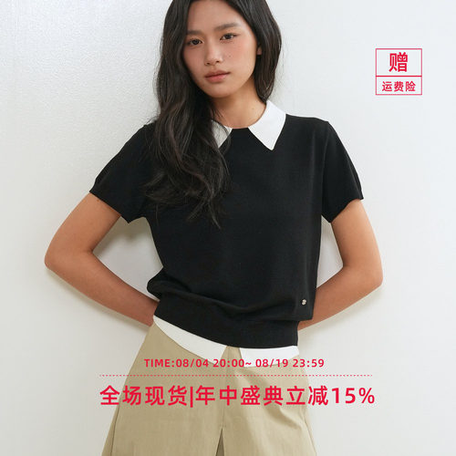 【现】General idea 韩国正品 莱赛尔短袖针织衫女翻领假两件上衣