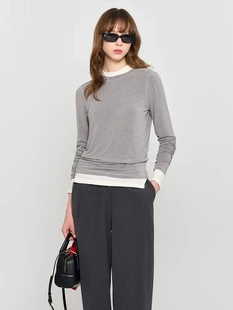 1505 80%缝线开衩设计叠穿圆领长袖 现