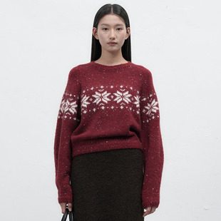 【现】GENERAL IDEA北欧雪绒花几何提花毛感纱线圆领针织套头毛衣