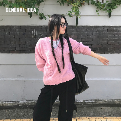 【现】General idea 慵懒立体毛线钩花V领针织开衫4510