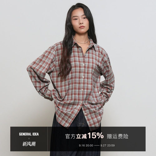 【现】General idea 韩国正品休闲格夏季新款纹衬衫长袖上衣女