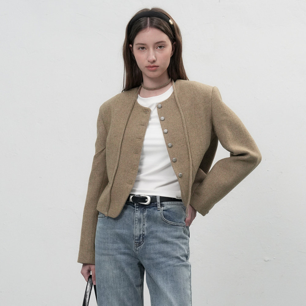 【折扣】General idea流线剪裁单排扣领带毛呢短外套女