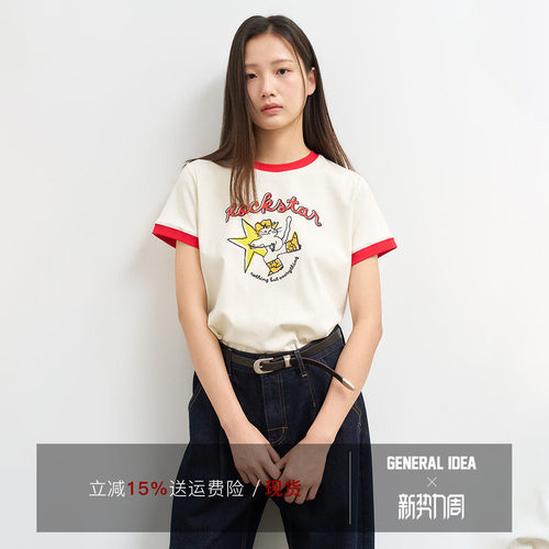 【折扣】General idea 韩国正品印花撞色圆领短袖T恤女休闲宽松