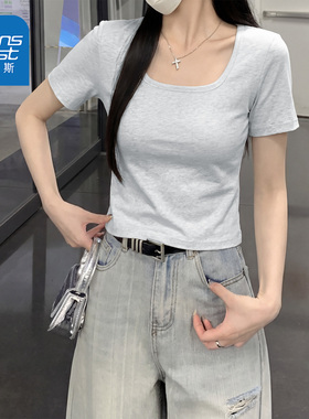 真维斯灰色方领短袖女t恤2026新款夏季爆款女士休闲半袖上衣AA