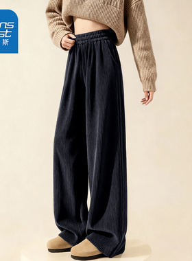 真维斯黑色灯芯绒直筒裤女冬2026新款加绒加厚运动裤宽松休闲裤w