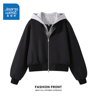 真维斯巨好看的初冬外套短款女士2026新款独特好看假两件连帽上衣