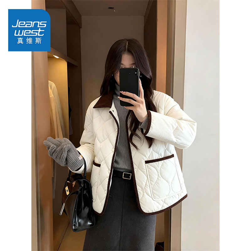 真维斯轻薄棉服女款2025新款秋冬菱格衬衫领巨好看的夹棉外套女W