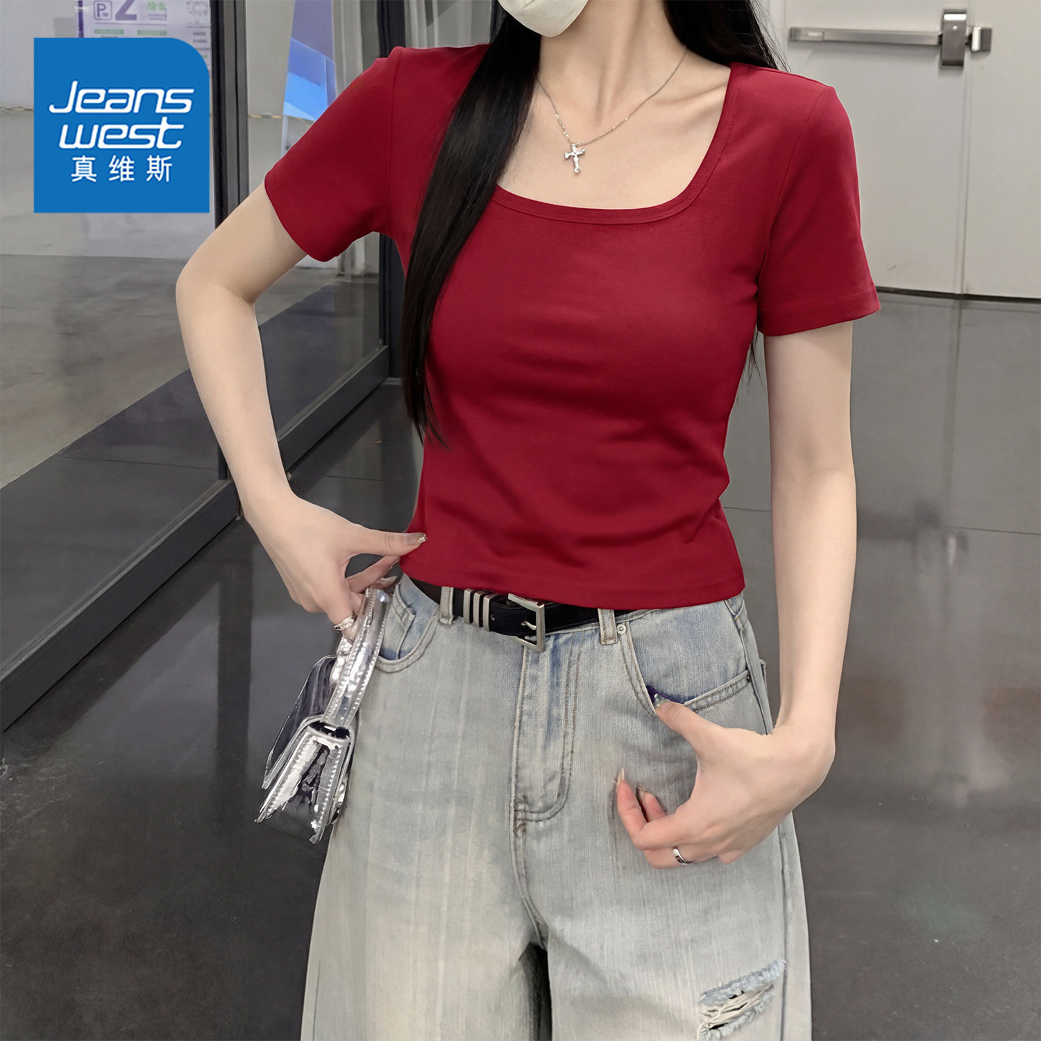 真维斯红色方领短袖女t恤2026新款夏季女士本命年马年衣服女AA,女装/女士精品,T恤,淘宝优惠券,粉丝福利购,淘宝优惠卷