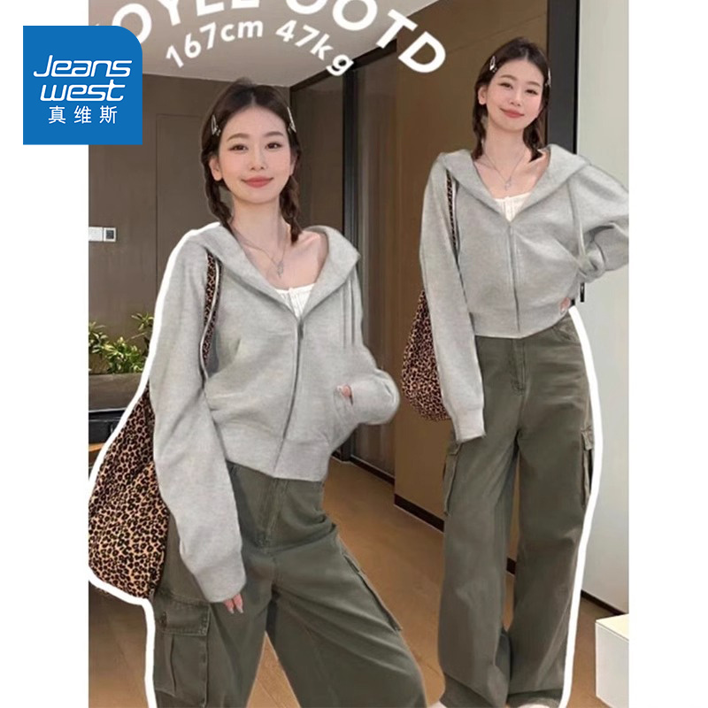 真维斯灰色连帽卫衣外套女2025年新款春秋款小个子短款早秋上衣A