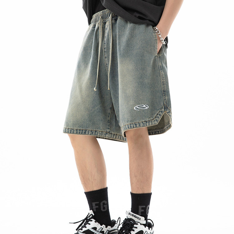 夏季下摆三角开叉设计做旧水洗牛仔短裤潮牌绣花宽松直筒五分裤男,男装,短裤,淘宝优惠券,粉丝福利购,淘宝优惠卷