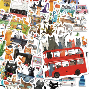 50张艺术小猫贴纸卡通可爱猫咪装饰行李旅行箱iPad手机壳DIY贴画
