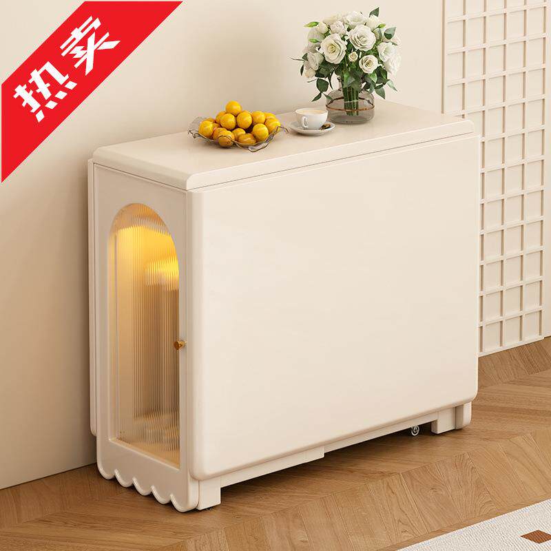 奶油风实木折叠餐桌白色小户型靠墙伸缩吃饭桌多功能可移动桌子