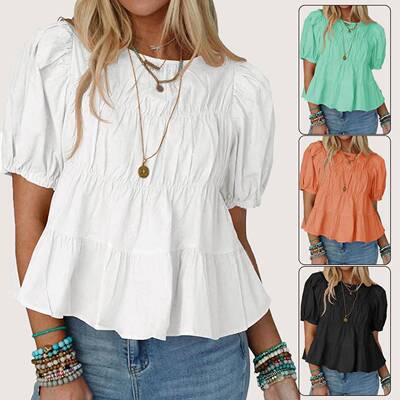 Womens Puff Sleeve Peplum Babydoll Tops Summer Smoked