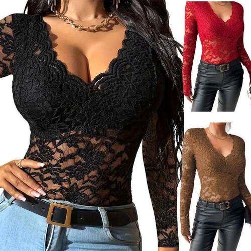 A ladies' black lace blouse with netting and a short sleeve