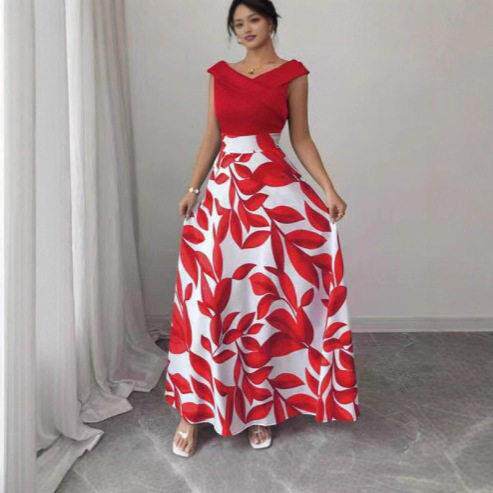 Women's Leaf Printed Patchwork Slim Fit V-Neck Flared Dress,