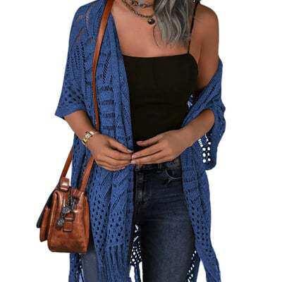 Medium-Length Fashion Loose Knit Kimono Open Front Cardigan,