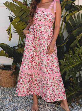 Women's Casual Floral Square Neck Lace Tie Strap Empire Wais