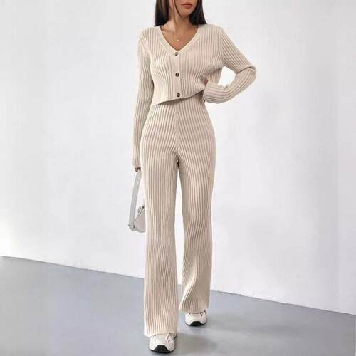 Women's 2-Piece Knit Lounge Set, 2026 US New V-Neck Long Sle