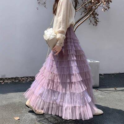 French Romantic Mesh Layered Cake Skirt, Spring Summer New E
