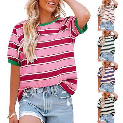 Womens Casual Striped Color Block T-Shirt - Round Neck Loose