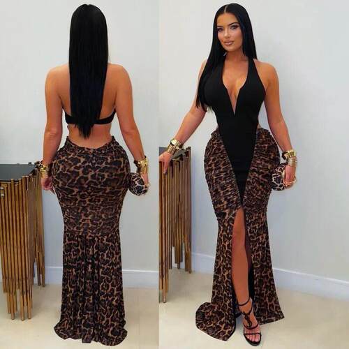 Elegant V-Neck Leopard Print Evening Gown, Bodycon Fish Tail