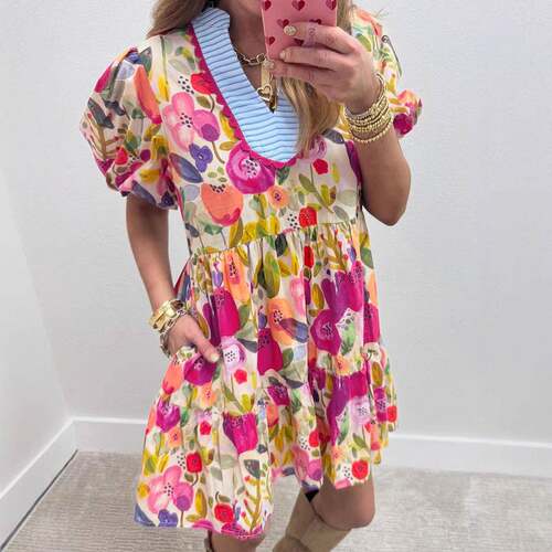 Women's Floral Dress Contrast Trim V Neck Short Sleeve Summe