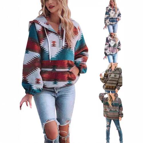 Womens Christmas Aztec Half Zip Up Hoodies Sweatshirt Casual