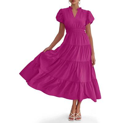 Womens Summer Midi Dress Puff Short Sleeve V Neck Flowy