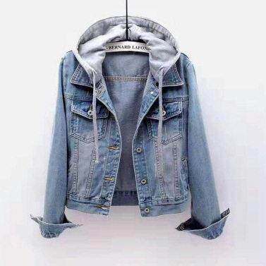 Plus Size Womens Casual Denim Jacket Long-Sleeved Hooded