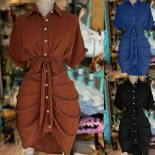 Women'S Elegant Plain Short Sleeve Batwing Shirt Dress,