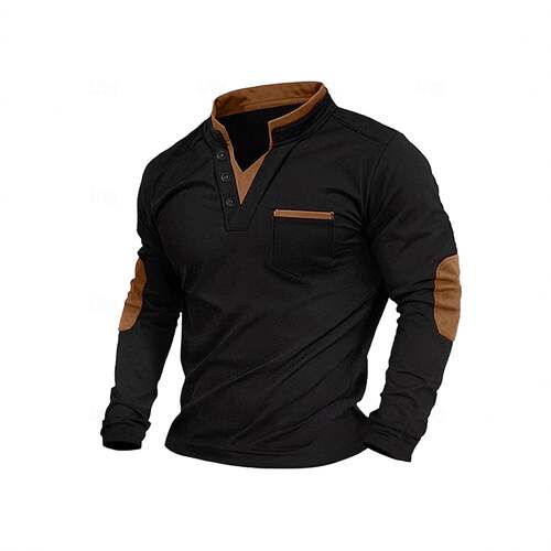 Men’s versatile high-neck gray knit pullover with elbow det