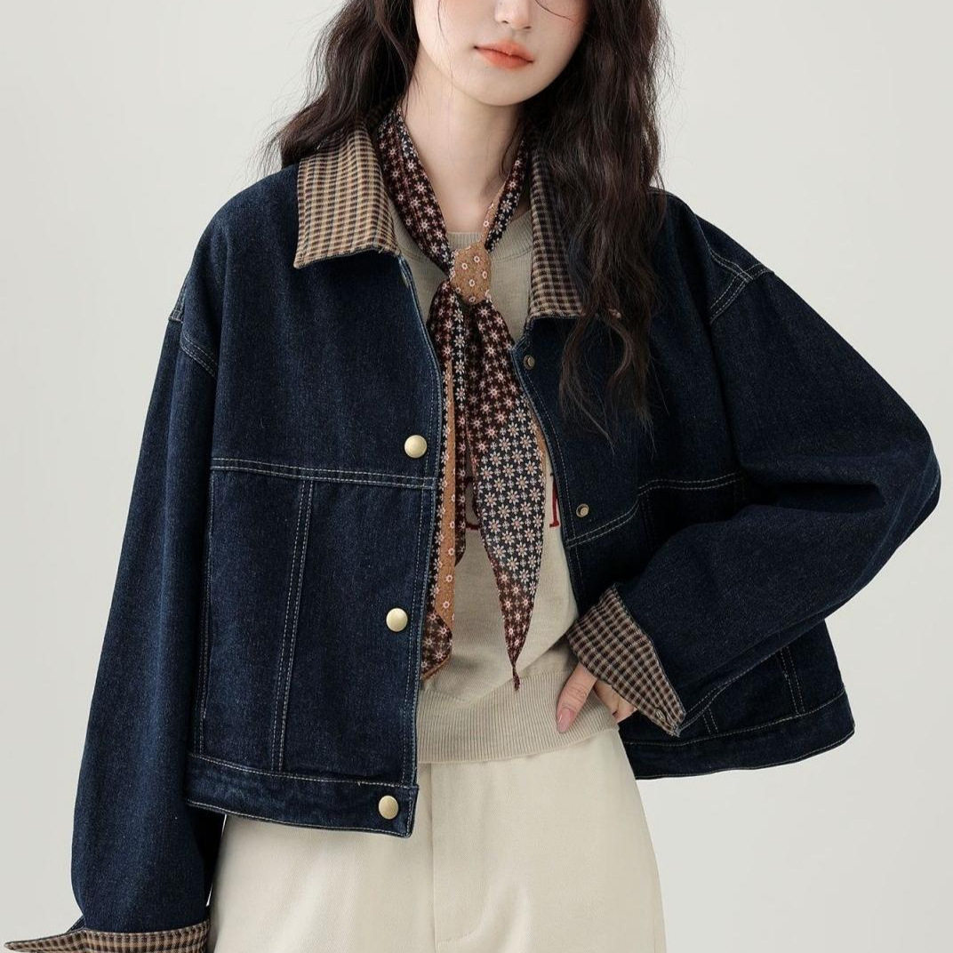 2025春秋季新款港风翻领格子拼接牛仔短外套女潮流小个子夹克上衣