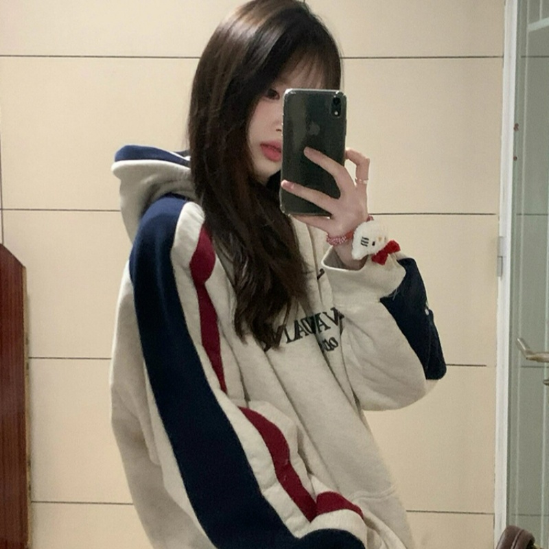 2025新款爆款春秋撞色拼接卫衣女秋冬加绒加厚情侣装美式连帽外套