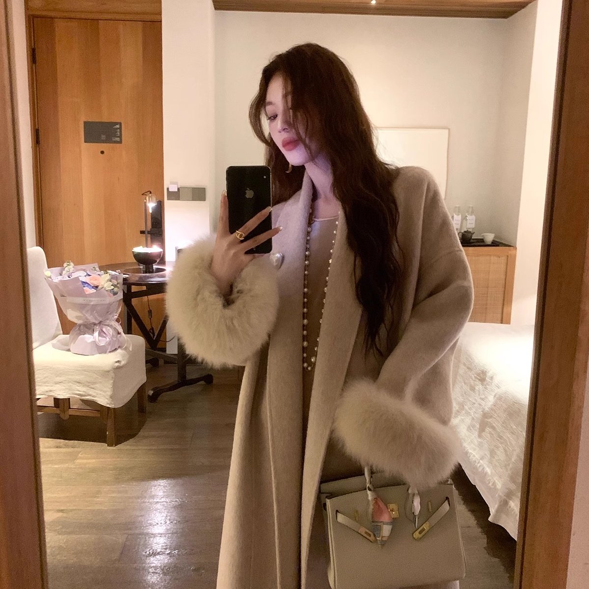 意大利进口全羊毛大衣女秋冬季高级感袖口狐狸毛外套