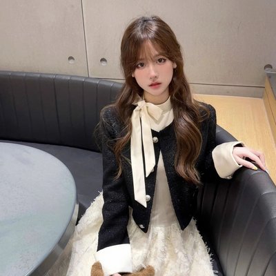 法式气质名媛套装蝴蝶结背心连衣裙女春秋小香风短款外套两件套裙