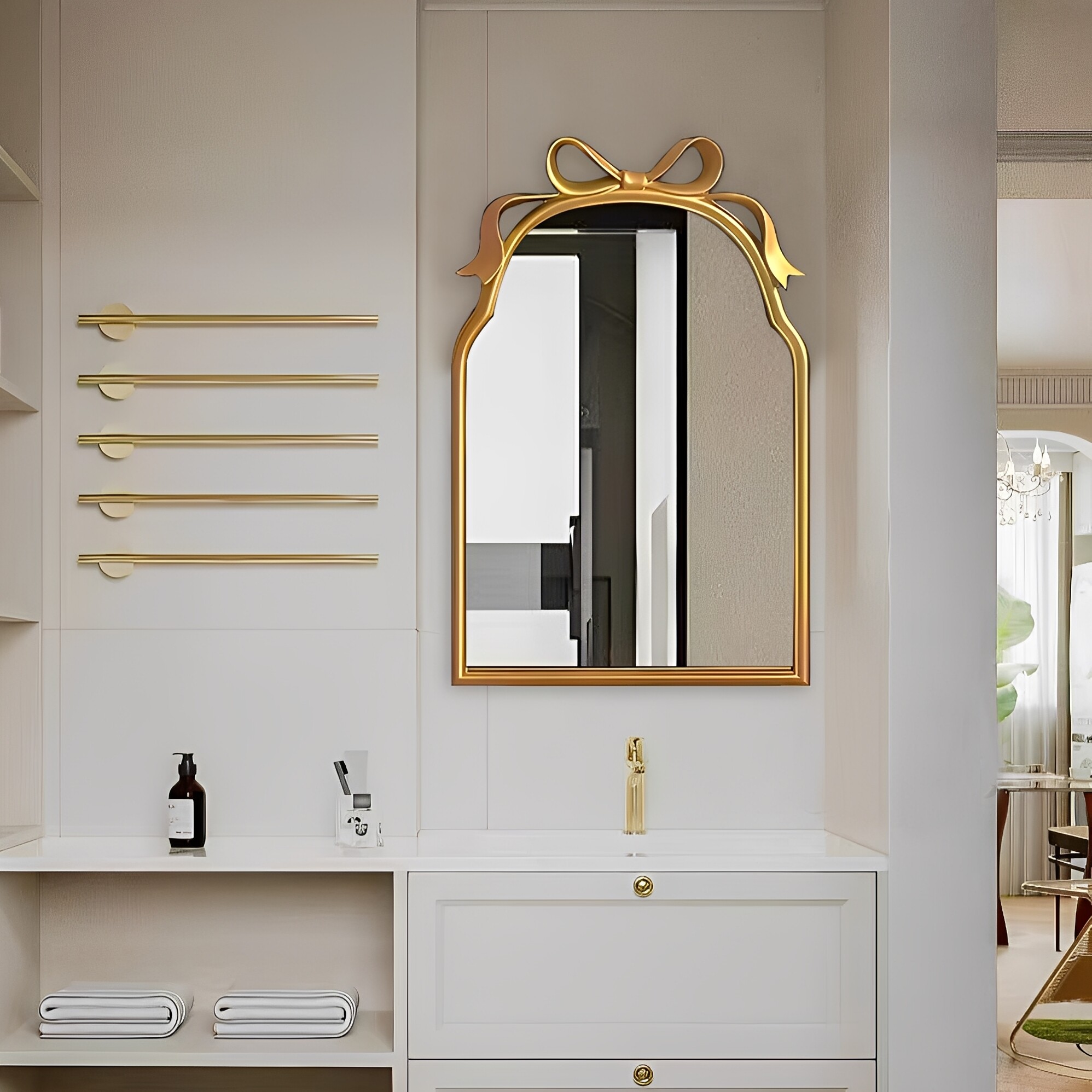 法式蝴蝶结化妆镜家用卧室梳妆台镜子智能led带灯美式浴室装饰镜