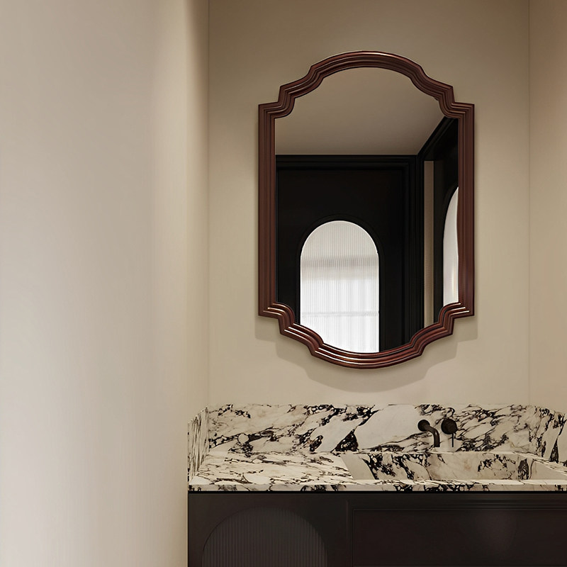 新中式壁挂浴室镜家用胡桃色高级梳妆镜美式玄关装饰镜卫生间镜子