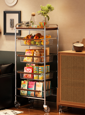 零食置物架中古风小推车收纳架客厅多层零食架子可移动厨房菜篮子