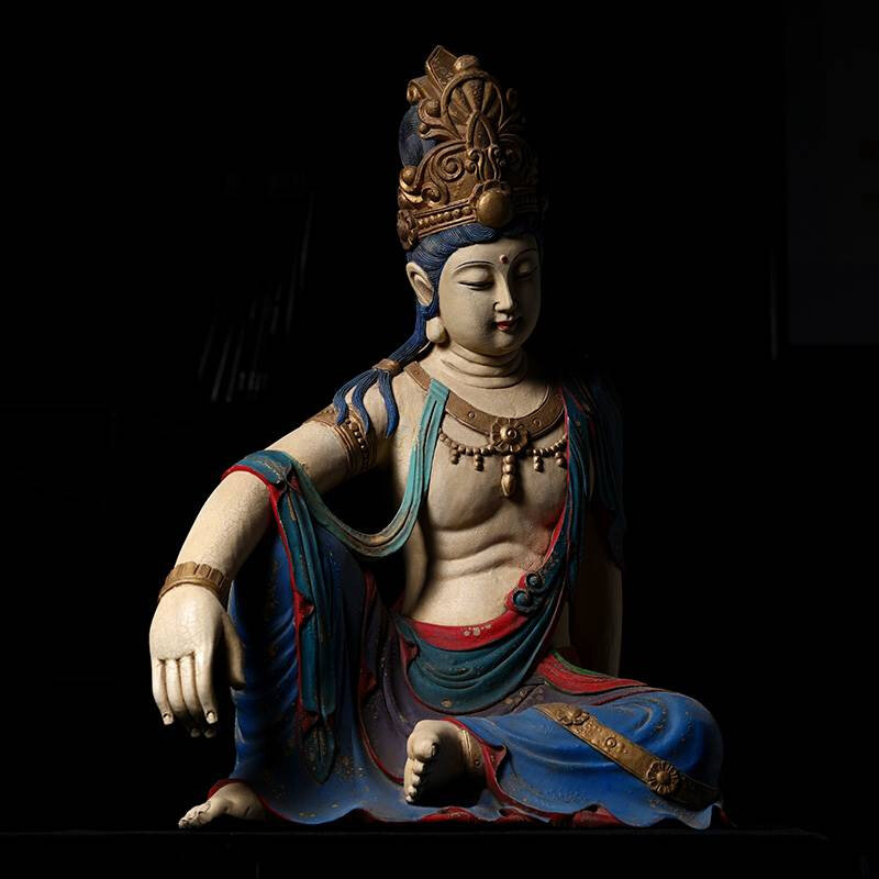 香樟木唐代观音彩绘佛像摆件家居供奉观世音菩萨实木雕刻水月观音